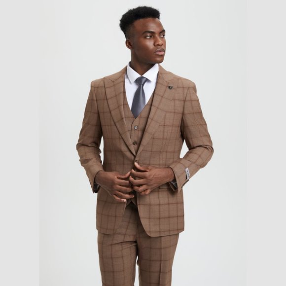 Stacy Adams Windowpane 3pc Men's Suit, Tanned Brown - Picture 2 of 5